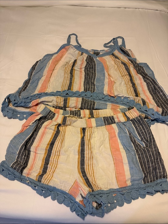 aerie Pants - Aerie Striped Crochet Trim Tank & Shorts Set - Blue, Pink pants M shirt XL